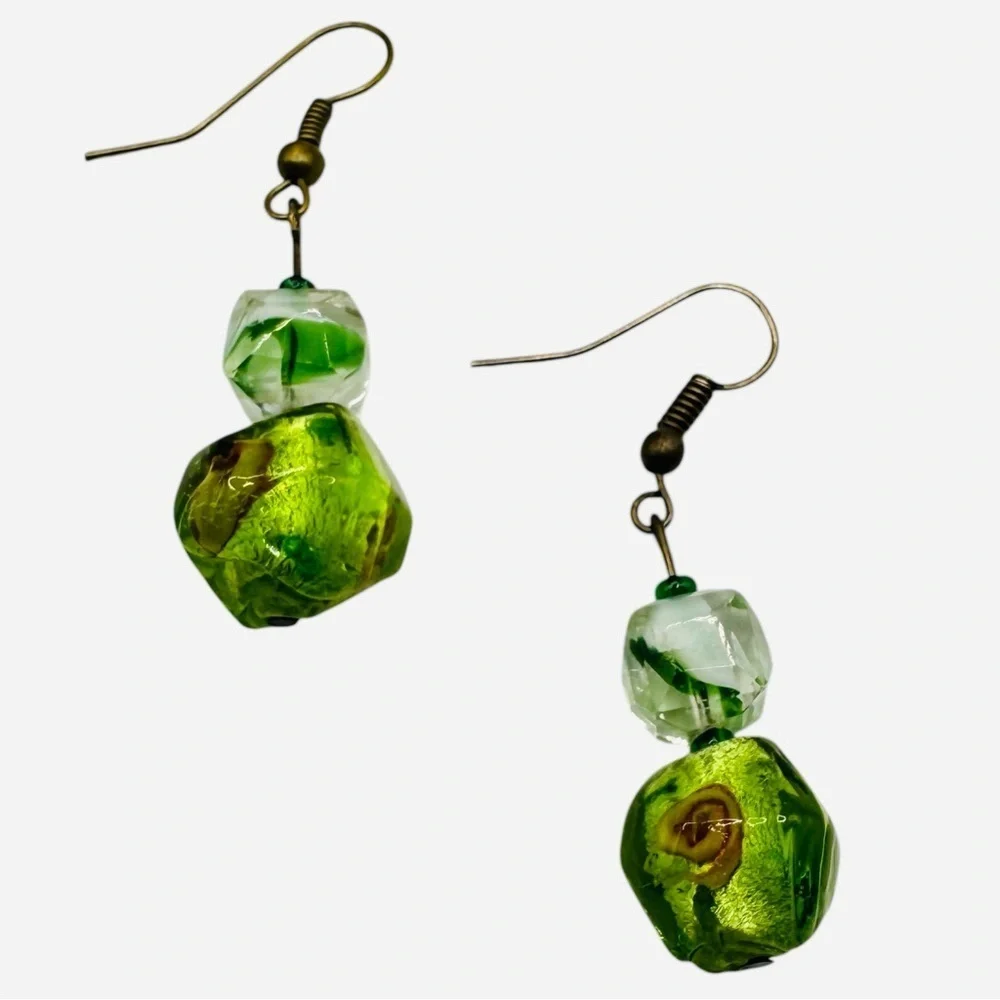Green Glass Dangle Earrings | Artisan Boho Vintage Style | Faceted Beads